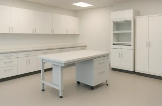 Modular laboratory furniture with mobile island and powder-coated steel frames