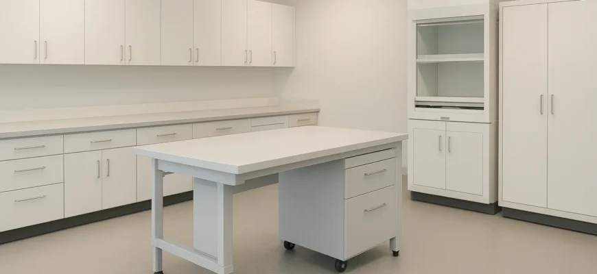 Modular laboratory furniture with mobile island and powder-coated steel frames