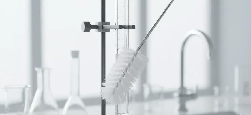 Nylon bristle brush cleaning a glass burette for titration