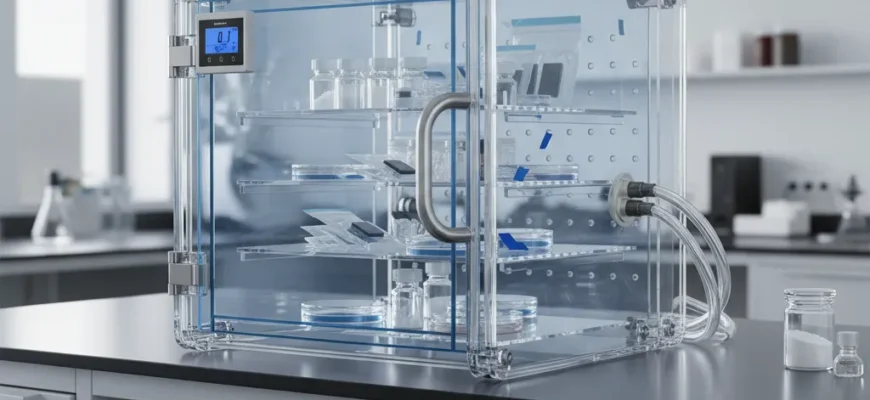 Polycarbonate vacuum desiccator cabinet with pressure gauge and shelves