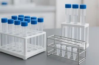 Polypropylene and wire test tube racks holding various laboratory samples