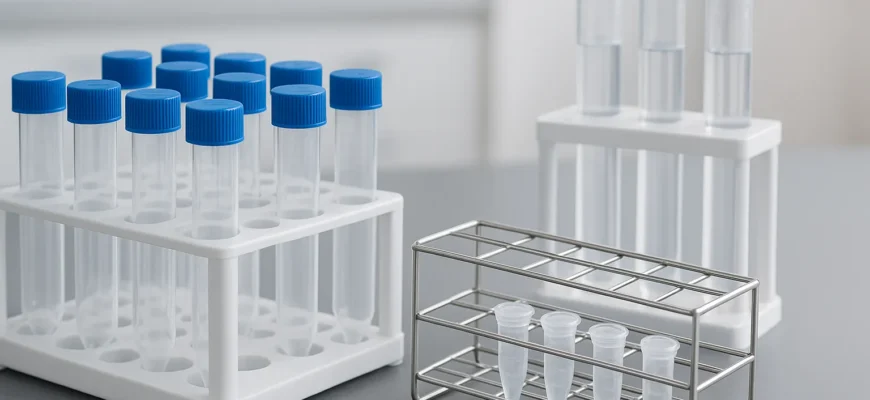 Polypropylene and wire test tube racks holding various laboratory samples