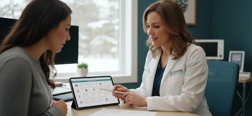 Reproductive endocrinologist discussing IVF treatment options with a patient in Maine clinic