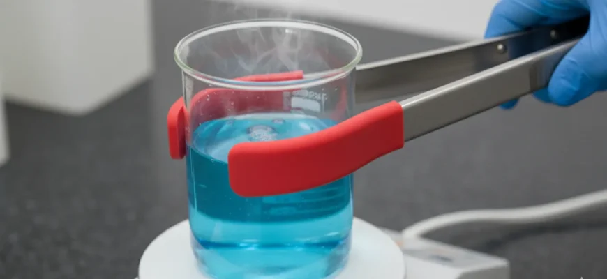 Stainless steel beaker tongs gripping a glass beaker on a hot plate
