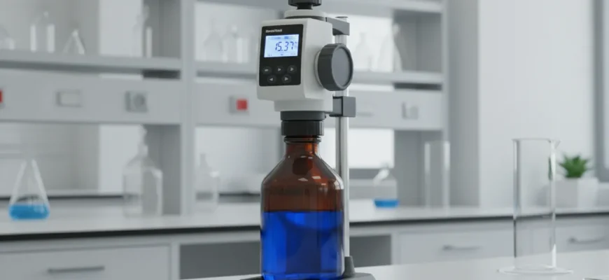 Titrette® digital bottle-top burette from BrandTech mounted on a reagent bottle