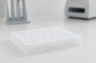White 384-well plate on lab bench for high-throughput experiments