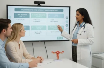 Woman reviewing ovulation induction medication calendar with doctor