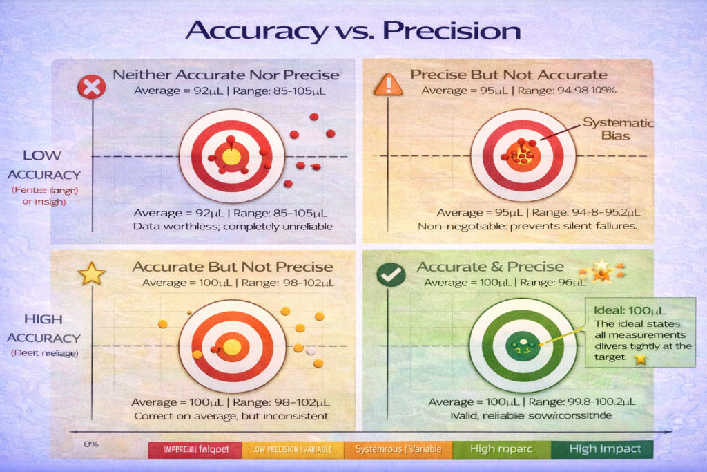 Accuracy vs. precision four-quadrant diagram: pipette delivery showing ideal state (accurate & precise), dangerous biased delivery, imprecise, and failed measurement scenarios.