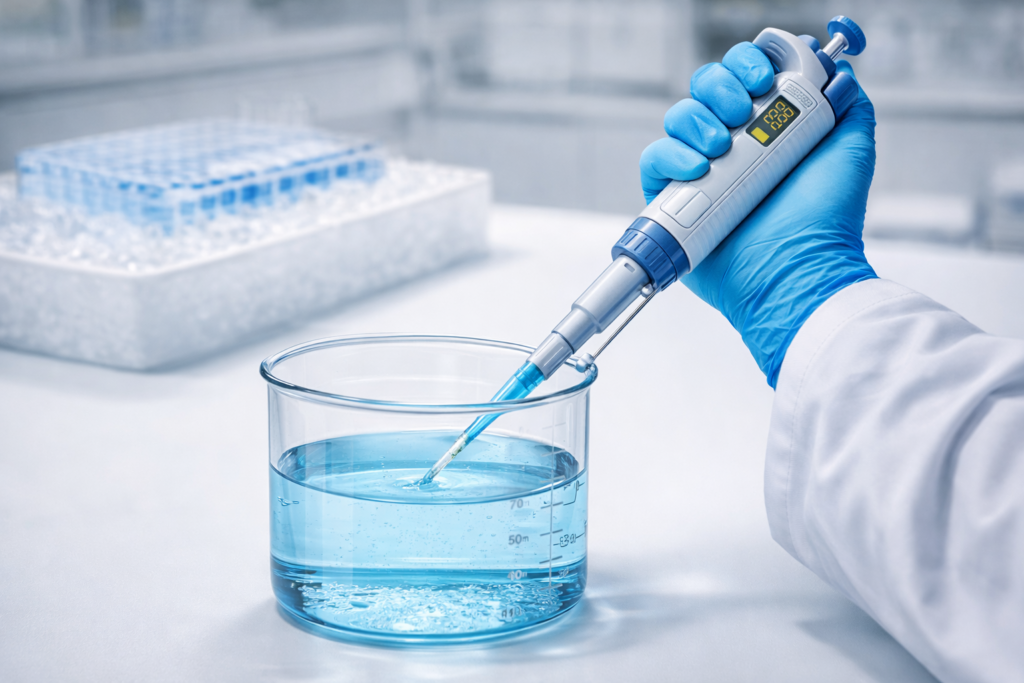 Lab technician performing reverse pipetting technique with electronic multichannel pipette at precise 45-degree angle during qPCR master mix preparation