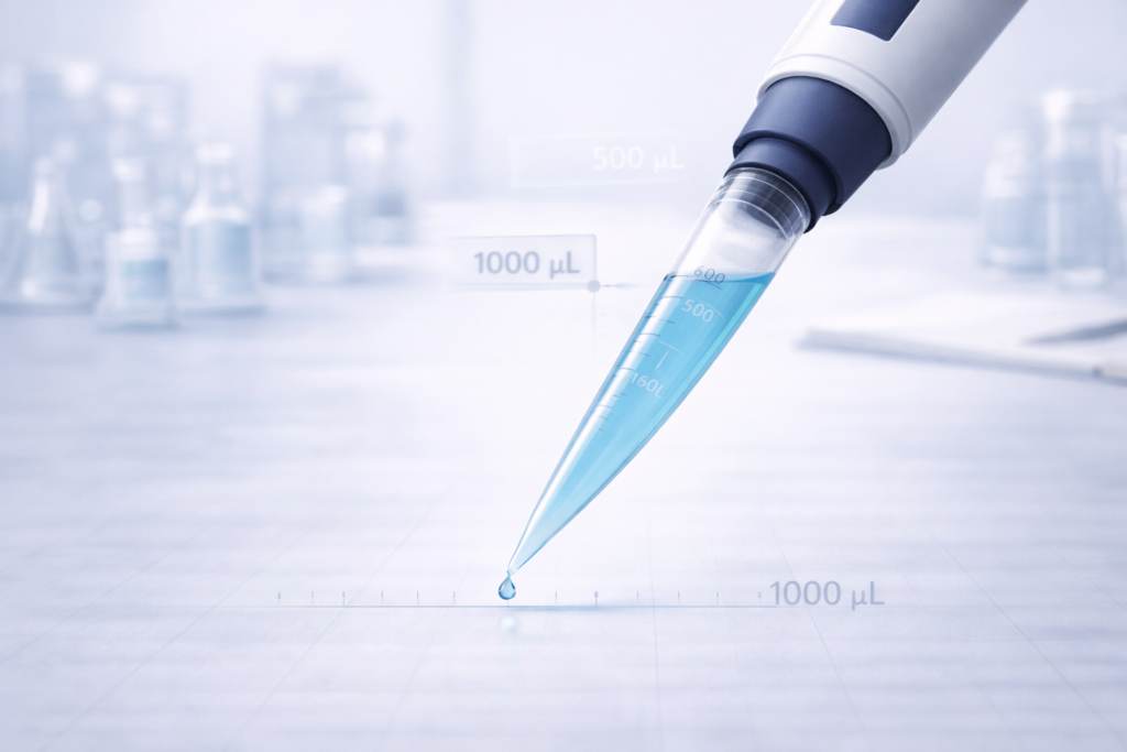 P1000 pipette with 1000 µL pipette tip aspirating high-volume liquid in laboratory