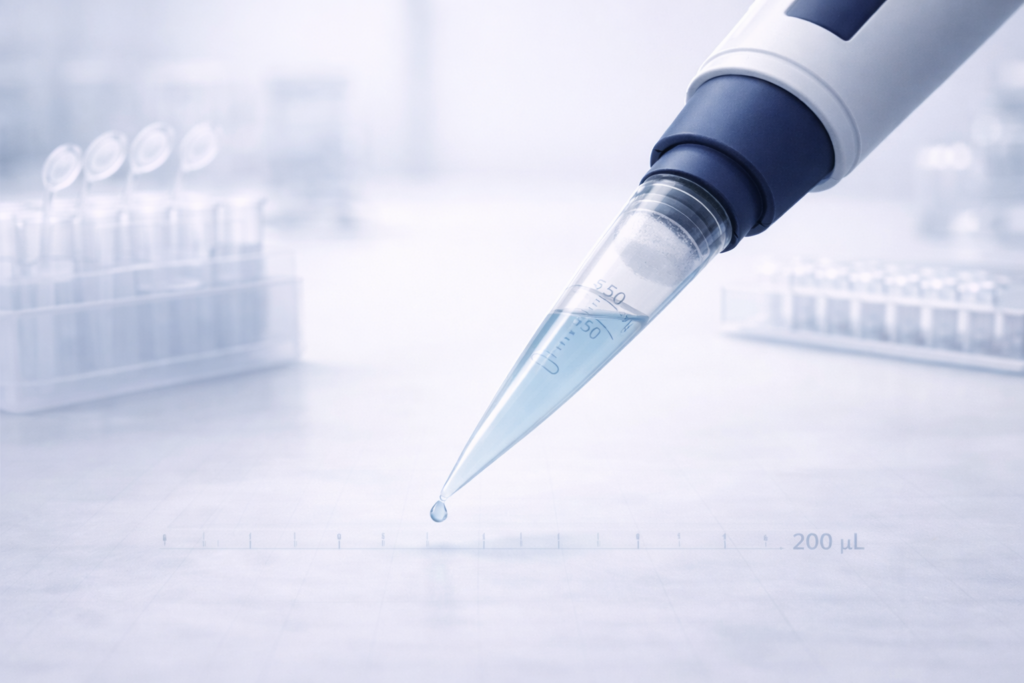 200 µL pipette tips fitted on a P200 micropipette for accurate laboratory liquid handling