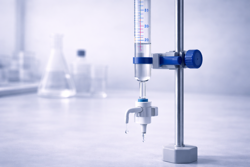 25 mL laboratory burette mounted on a stand, showing clear graduations, meniscus alignment, and PTFE stopcock for titration accuracy