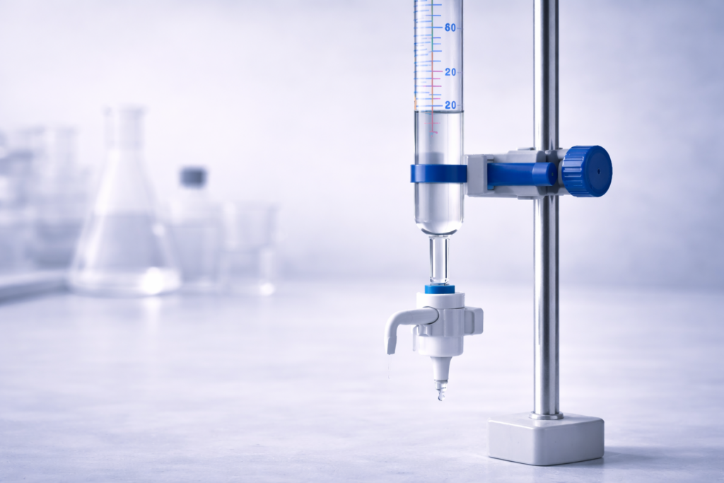 50 mL burette mounted on a laboratory stand with visible scale, meniscus, and stopcock for precise titration