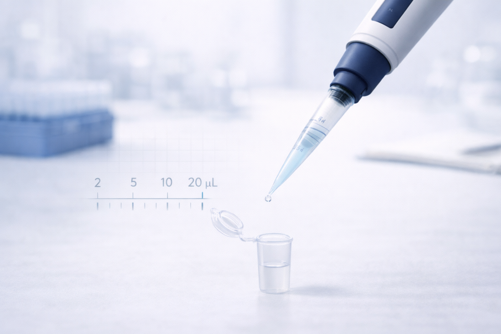 P20 micropipette dispensing small liquid volume into a PCR tube