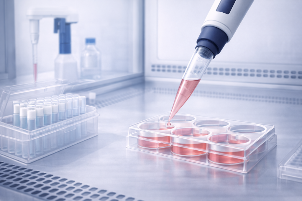 Micropipette dispensing liquid into a multiwell cell culture plate inside a biosafety cabinet with sterile pipette tips nearby