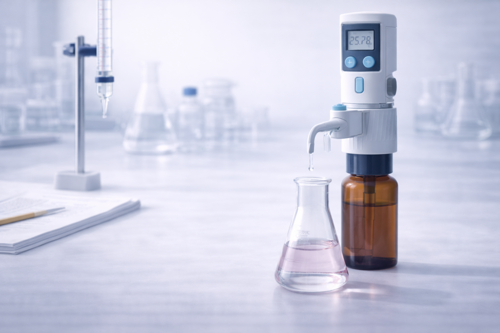 Automatic and digital burette used for titration in an analytical chemistry laboratory