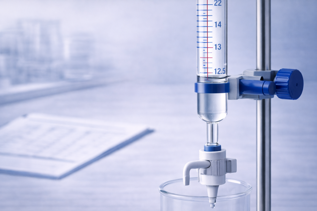 Glass burette mounted vertically with clear meniscus aligned to graduation marks, illustrating accurate volume reading and calibration in titration work