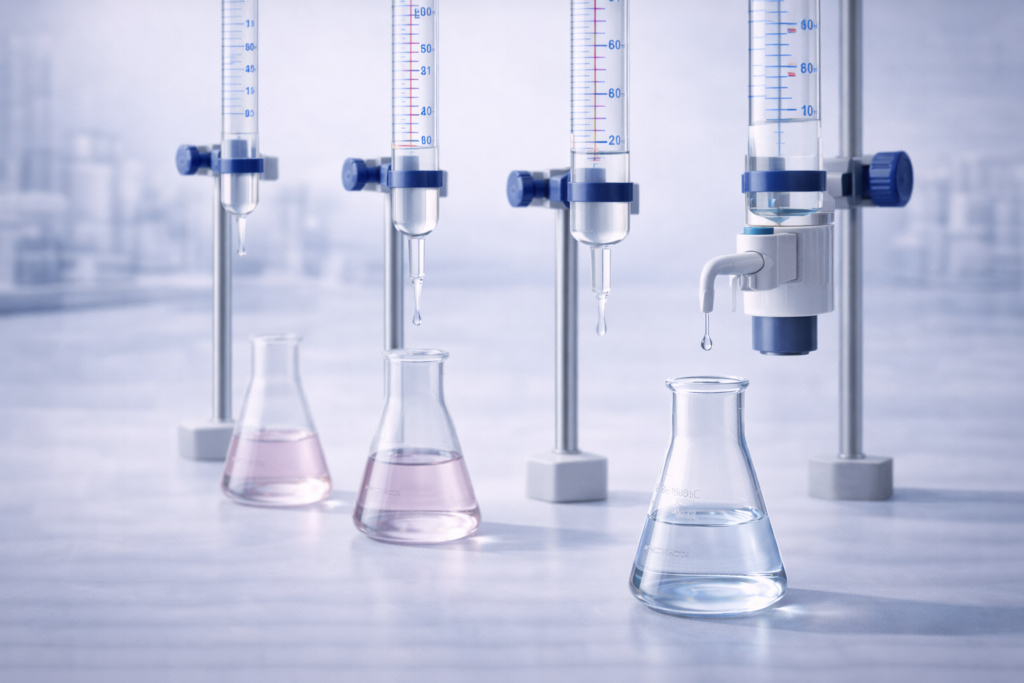 Laboratory burettes of different volume capacities (10 mL, 25 mL, 50 mL, 100 mL) mounted on a stand for titration accuracy comparison