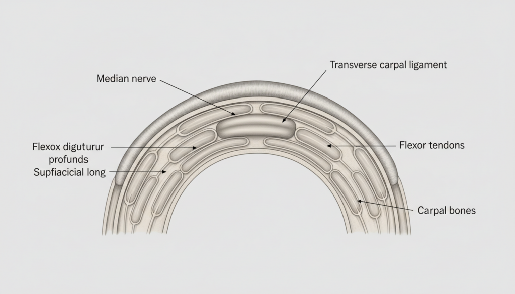 Anatomical diagram of carpal tunnel syndrome showing median nerve compression beneath the transverse carpal ligament at the wrist