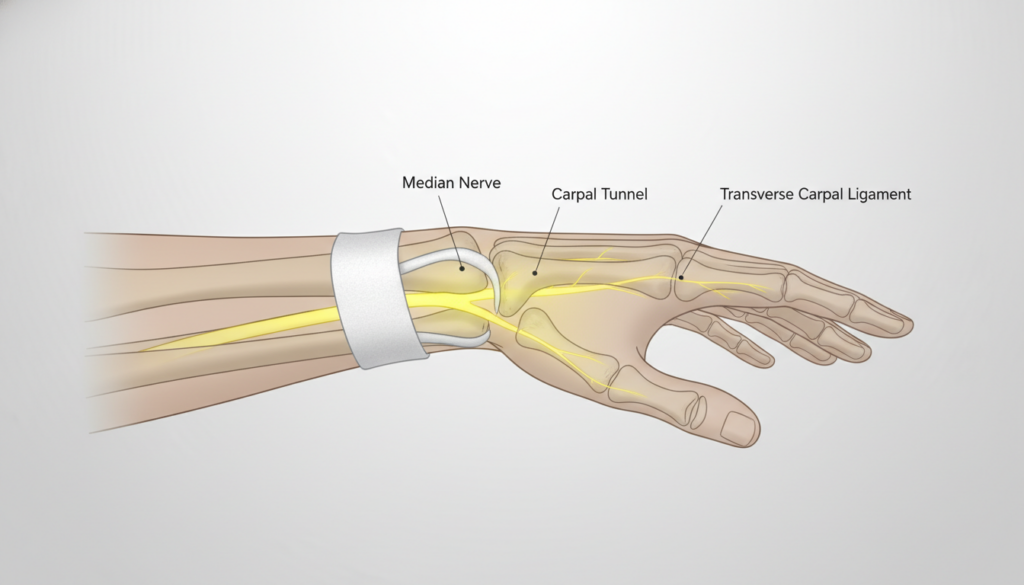 Diagram showing median nerve compression inside the carpal tunnel and areas of numbness in the thumb, index, and middle fingers