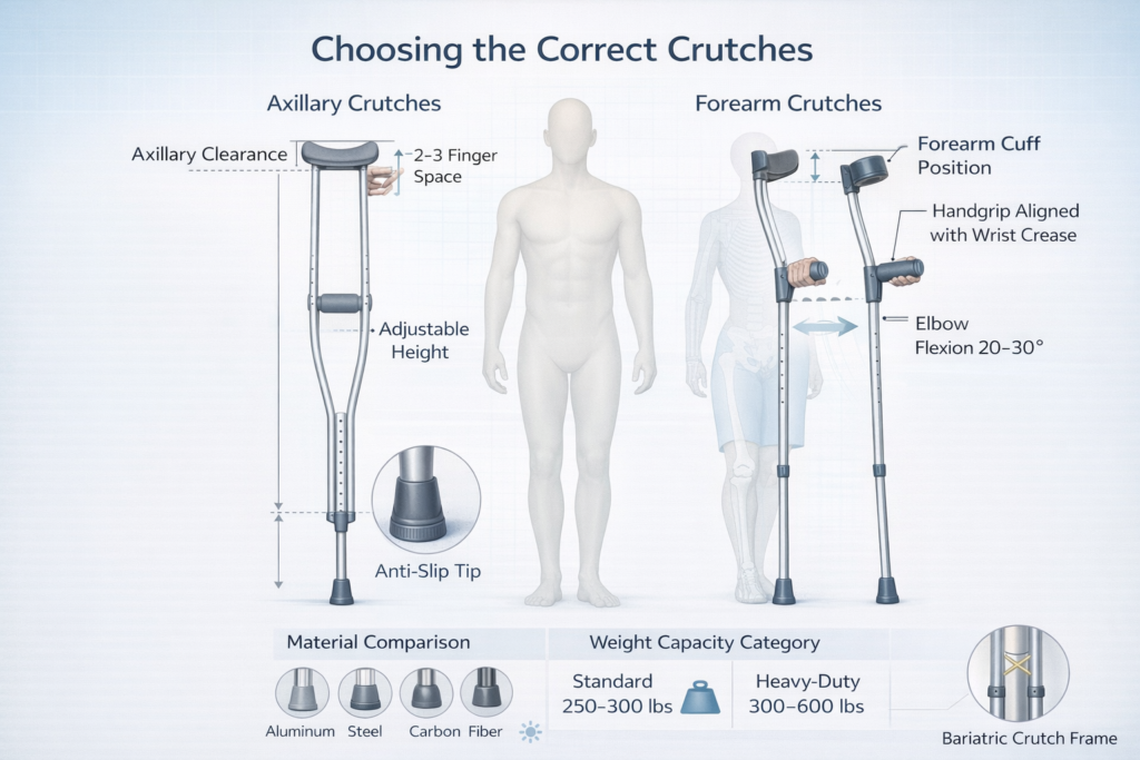 Correct crutch sizing demonstration showing elbow bend angle, underarm clearance, and comparison of forearm and underarm crutches