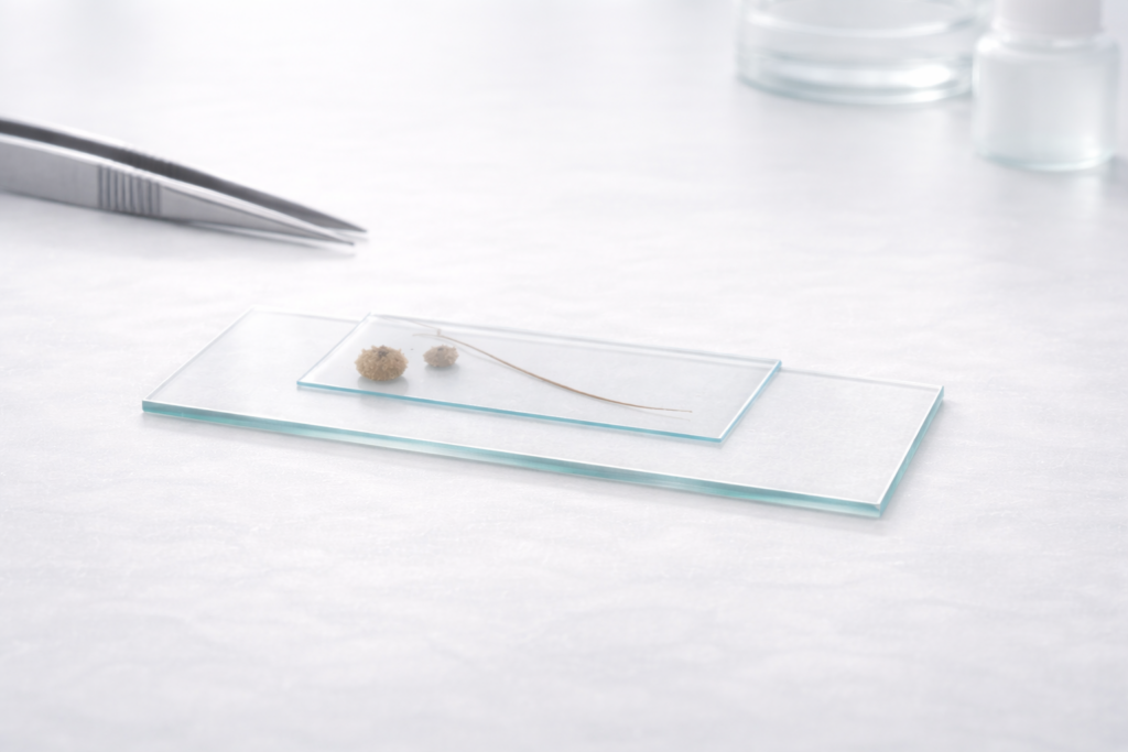 Dry mount microscope slide with dry specimen prepared for observation