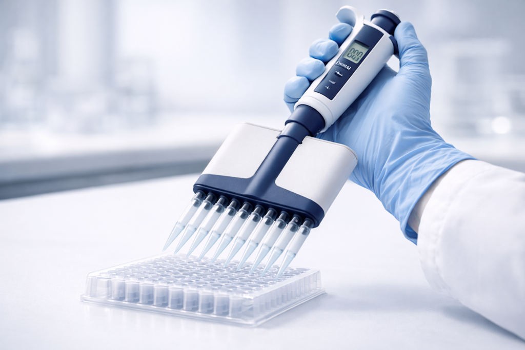 Electronic multichannel pipette with 8 channels dispensing liquid into a 96-well microplate in a sterile laboratory setting
