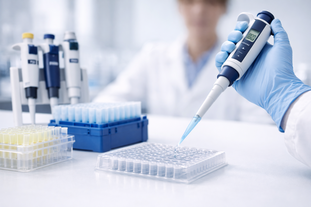 Gloved scientist using an electronic pipette to dispense liquid into a 96‑well plate in a modern biomedical laboratory.