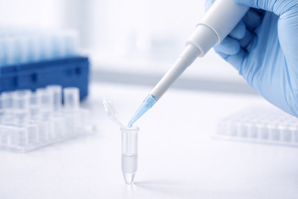 Scientist using a fixed volume pipette to dispense liquid into a microcentrifuge tube in a laboratory setting