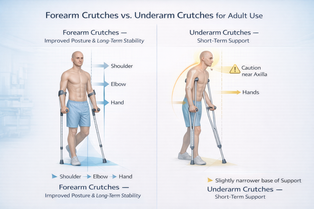 Adult using forearm crutches with proper posture demonstrating gait stability and ergonomic grip alignment