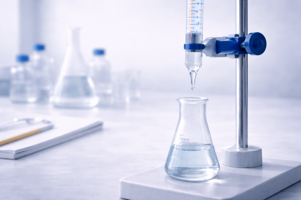 Glass burette with Schellbach stripe and PTFE key stopcock set up for laboratory titration