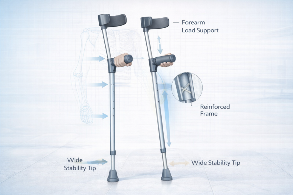 Reinforced bariatric forearm crutches with steel frame and wide stability tips designed for higher weight capacity users