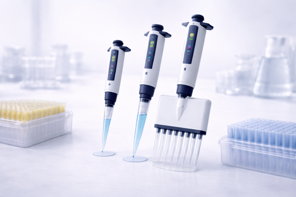 Laboratory micropipettes of different volume ranges displayed on a clean lab bench