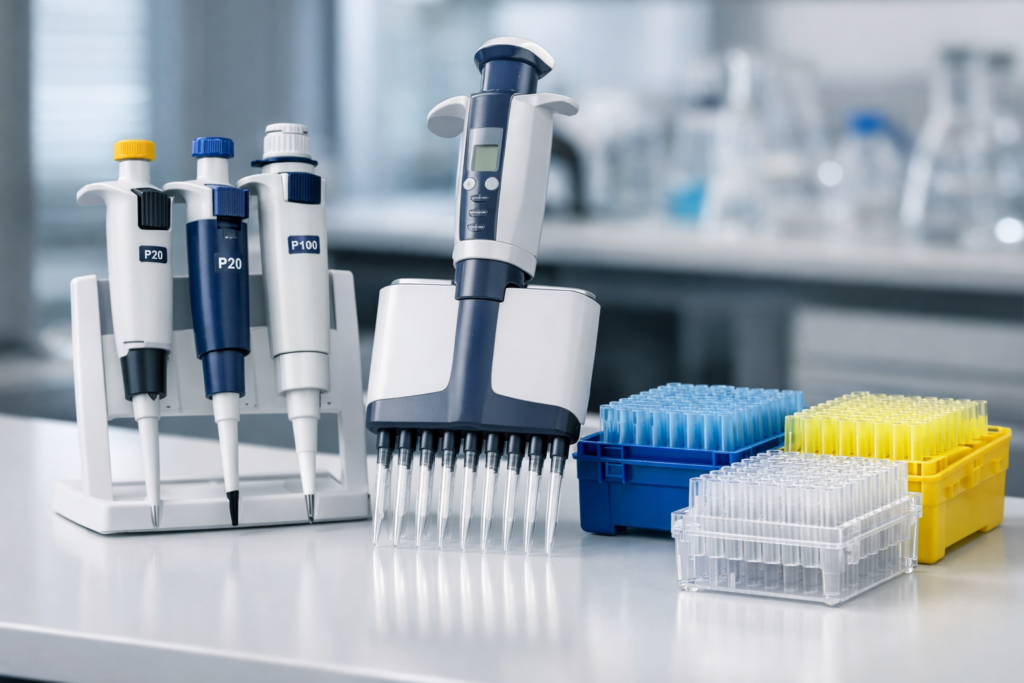 Professional laboratory pipettes including electronic multichannel and manual single-channel micropipettes with sterile pipette tips arranged on a clean white laboratory bench