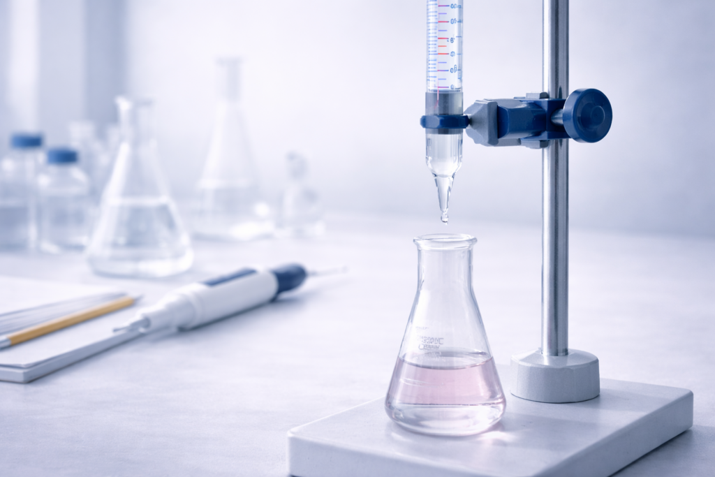 Laboratory burette mounted on a stand delivering titrant into an Erlenmeyer flask during a titration