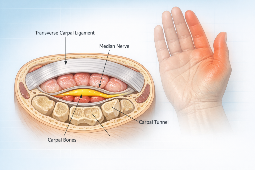 Diagram showing median nerve compression in the carpal tunnel with highlighted areas of numbness in the thumb, index, and middle fingers