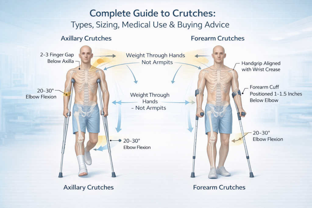 Patient correctly fitted with forearm and underarm crutches demonstrating proper elbow angle and weight-bearing technique
