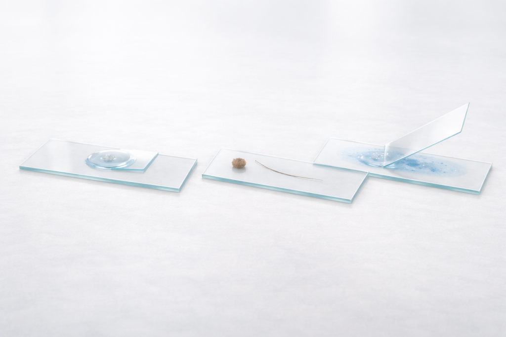 Microscope slide preparation showing wet mount, dry mount, and smear mount techniques under a compound microscope