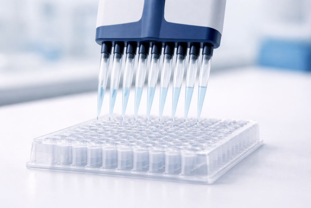 12-channel manual pipette aligned with 96-well microplate for high-throughput liquid handling