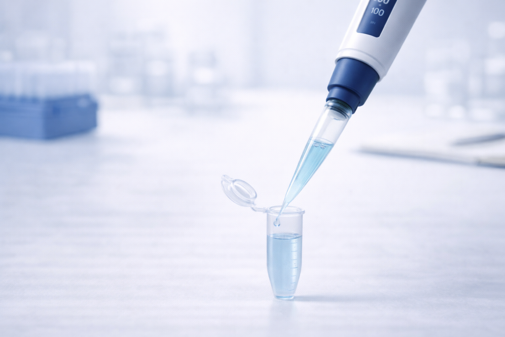 P1000 micropipette dispensing a large liquid volume accurately into a laboratory tube