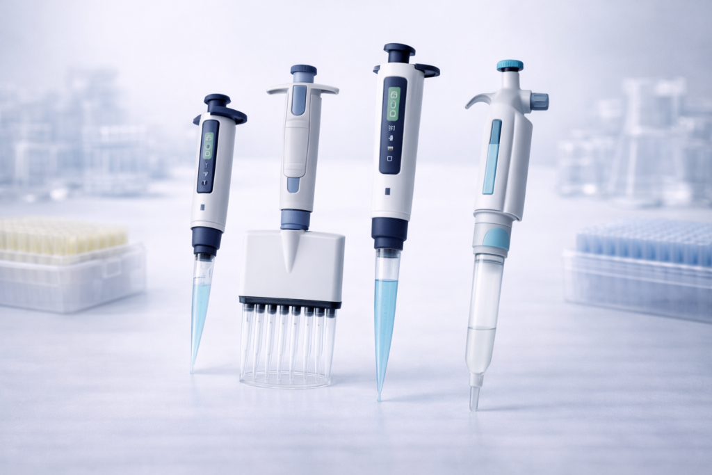 Laboratory micropipettes from different manufacturers arranged for side-by-side comparison on a lab bench