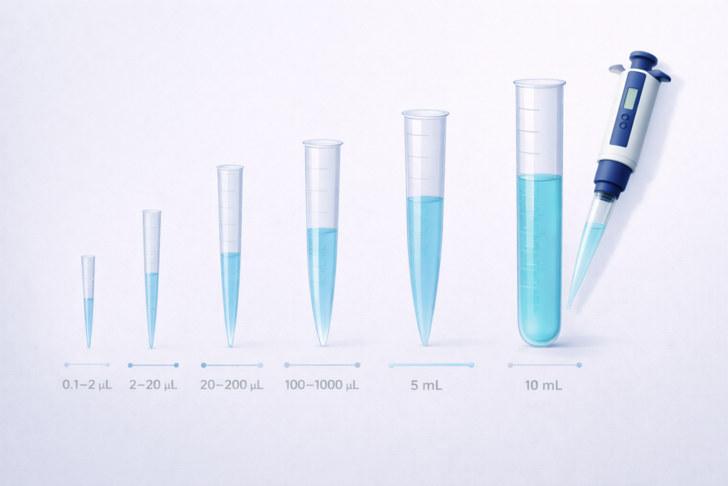 Pipette tips arranged by volume range from microliters to milliliters