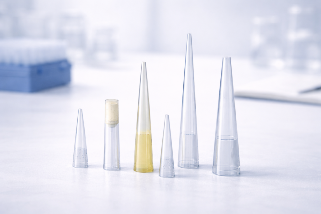 Different types of pipette tips including filter, low retention, and wide-bore tips used for accurate laboratory liquid handling
