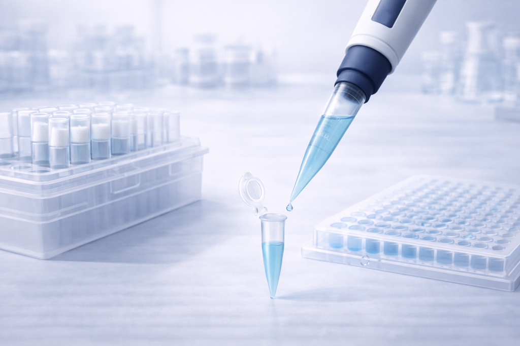Micropipette dispensing microliter volumes into laboratory tubes with organized pipette tips and a 96-well plate in a molecular biology workflow
