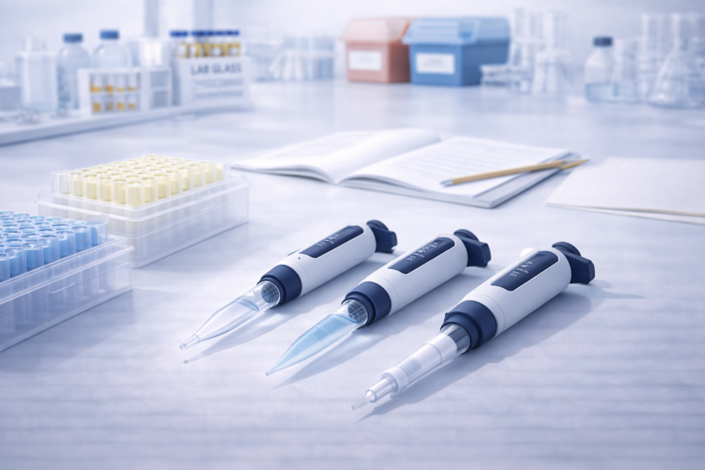 Pipettes and pipette tips arranged on a bench in a teaching and educational laboratory