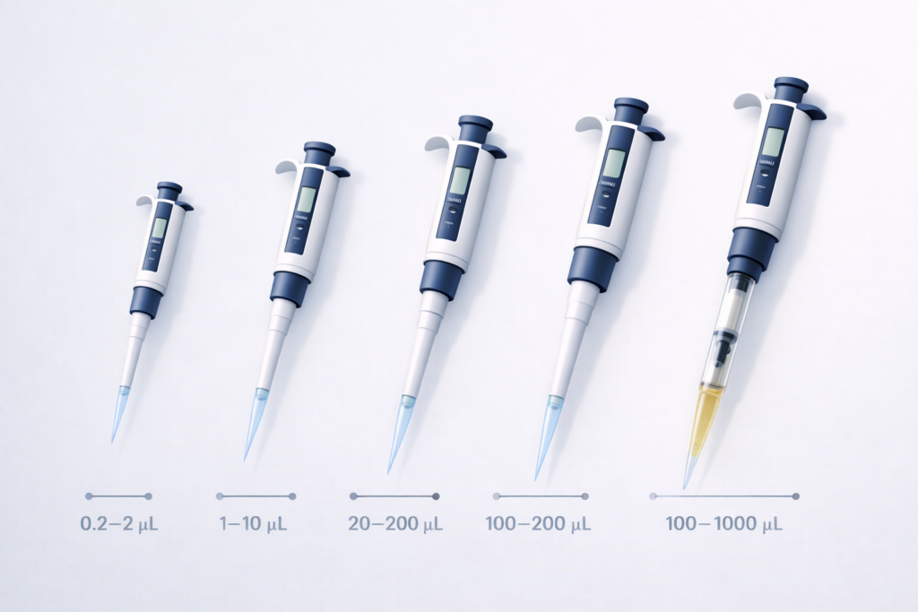 Laboratory micropipettes arranged by volume range from low to high
