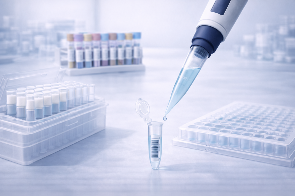 Clinical laboratory pipette dispensing liquid into assay plate with organized pipette tips on bench