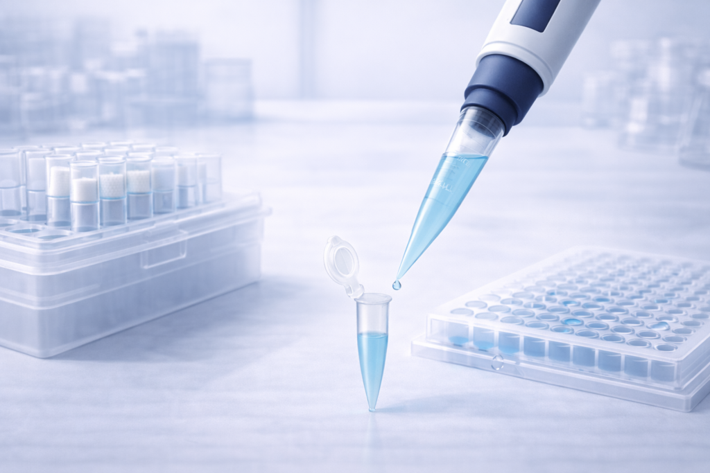 Micropipette dispensing liquid into PCR tube with pipette tips on a laboratory bench