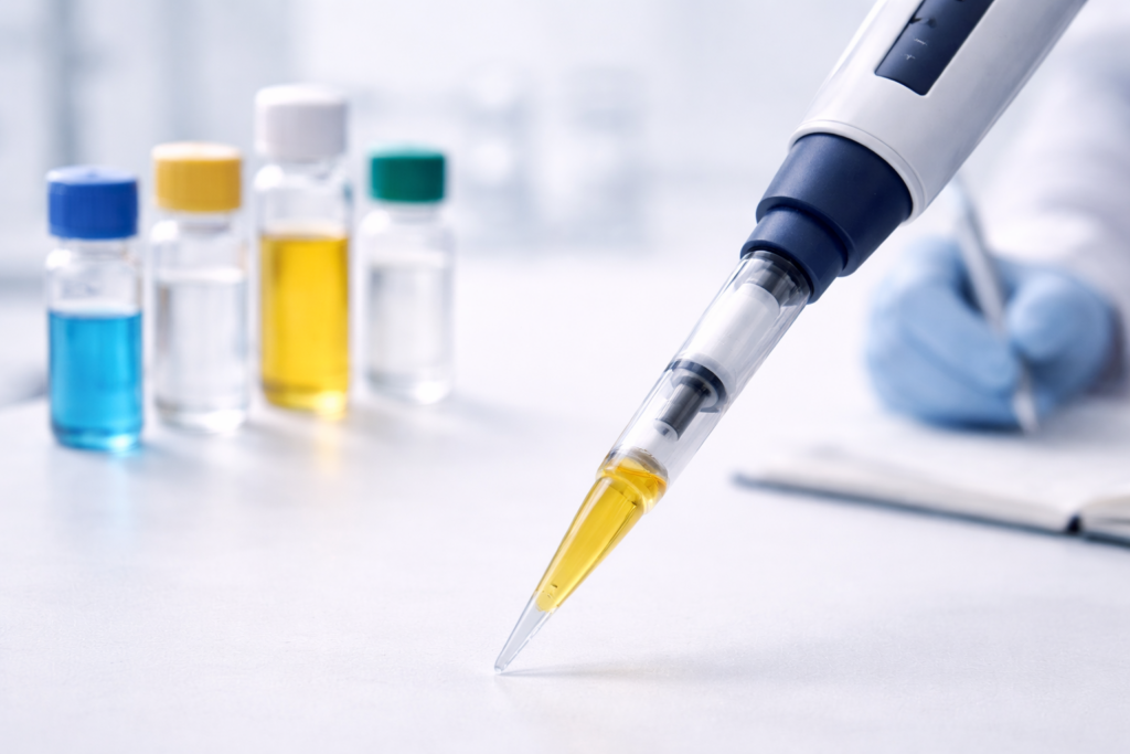 Positive displacement pipette with transparent capillary piston tip dispensing liquid in a modern laboratory