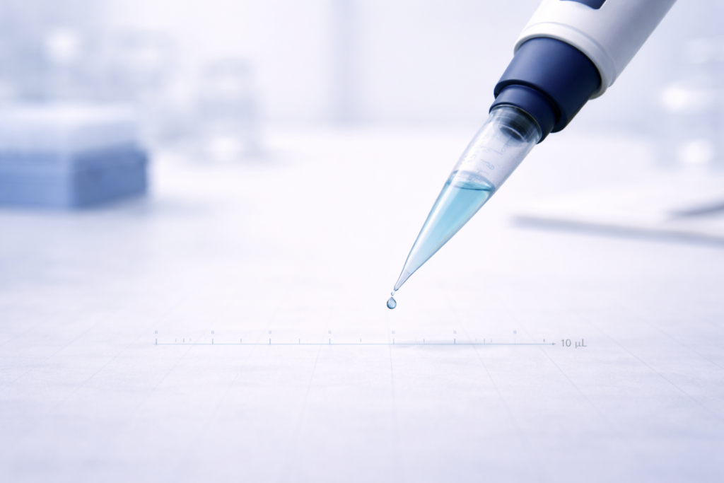 10 µL pipette tip dispensing a precise micro-volume droplet in a laboratory setting